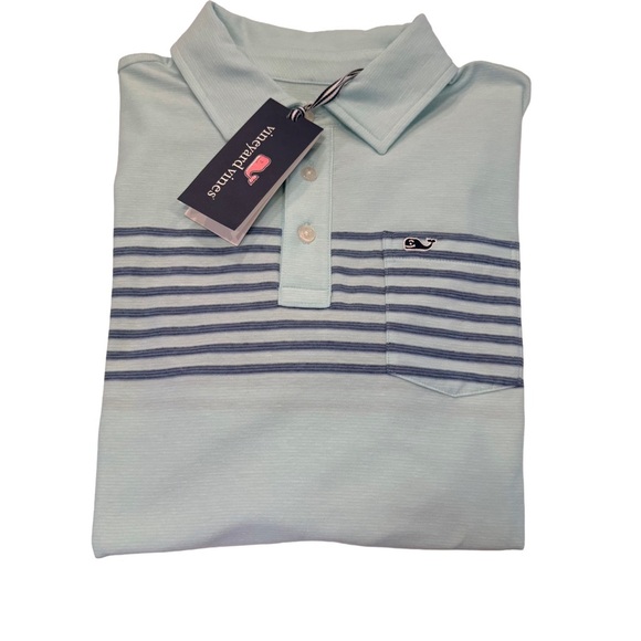Vineyard Vines  Youth Boy Green W/blue Stripes Pocket Logo Sz XL (18) NWT - Picture 1 of 11